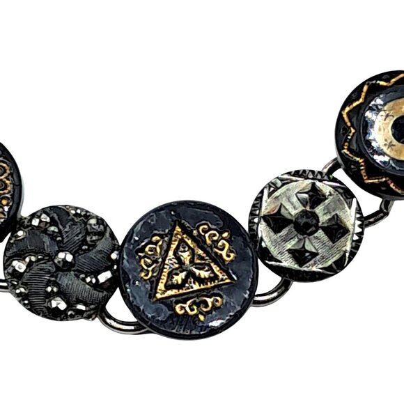 Antique Glass Button Bracelet With Black & Gold Tone Accents On Silver Tone Chai - Picture 3 of 8